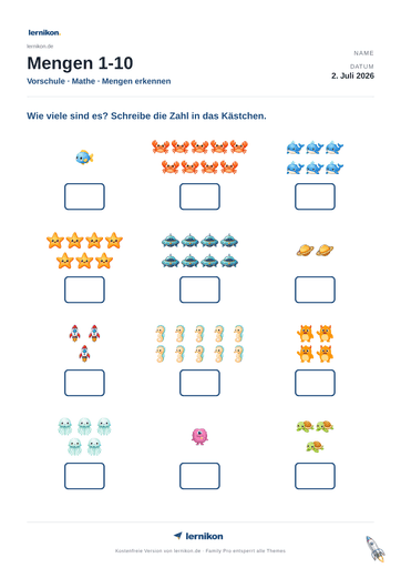 Beispiel: Mengen 1-10 Arbeitsblatt