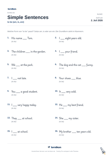 Beispiel: Simple Sentences Arbeitsblatt