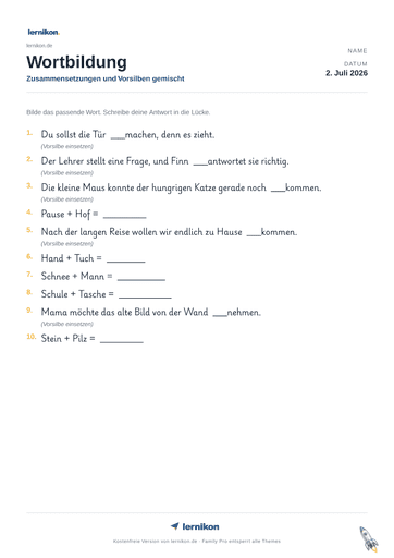 Beispiel: Wortbildung Arbeitsblatt