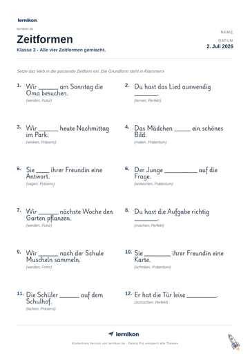 Beispiel: Zeitformen Arbeitsblatt