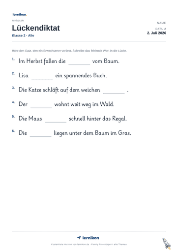 Beispiel: Lückendiktat Arbeitsblatt