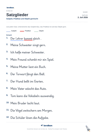 Beispiel: Satzglieder Arbeitsblatt