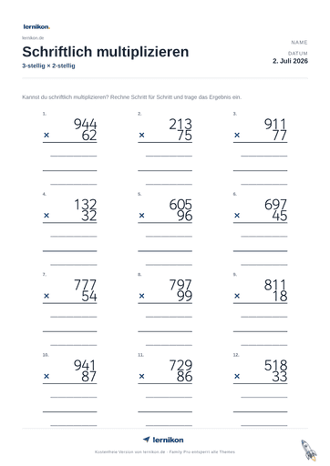 Beispiel: Schriftliche Multiplikation Arbeitsblatt